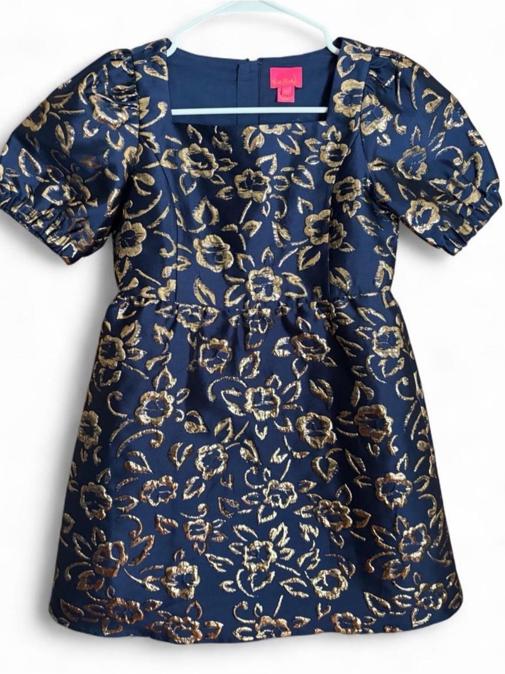 Lilly Pulitzer Mini Kasslyn Dress Navy Gold Metallic Floral Brocade Sz 10 large